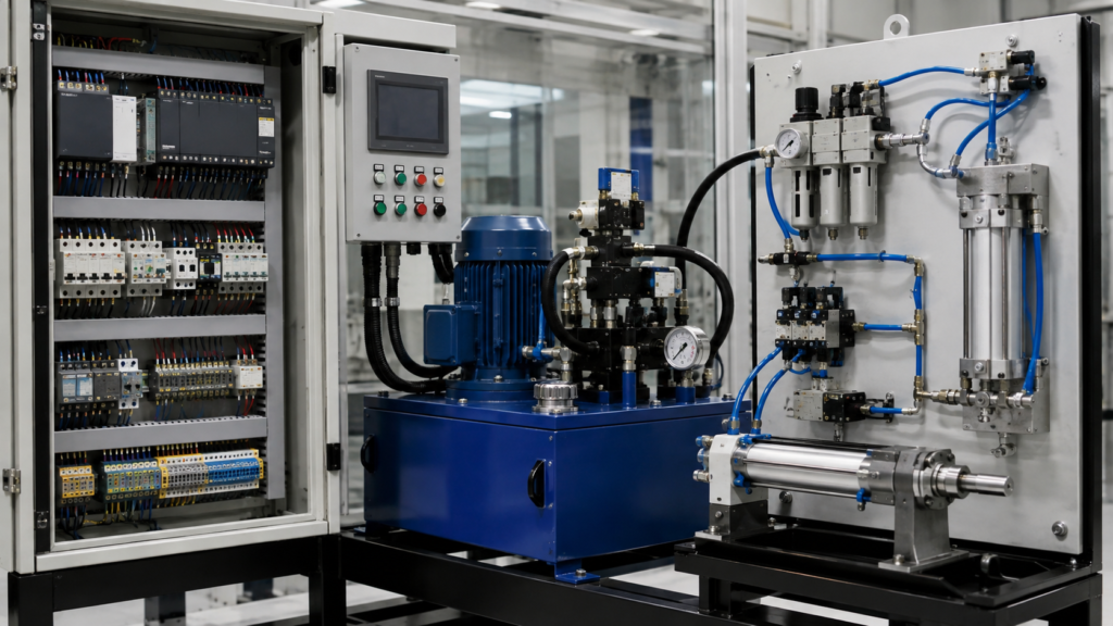 Industrial control system with electrical panel, hydraulic pump and pneumatic components
